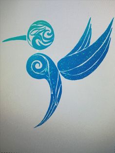 a blue and white bird with swirls on it's wings is depicted in this drawing