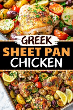 greek sheet pan chicken with vegetables and lemons on the side, in a casserole dish