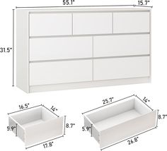 the measurements for a dresser and drawers are shown in three different sizes, including white