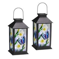 two black lanterns with butterflies and flowers painted on the front one has a blue butterfly