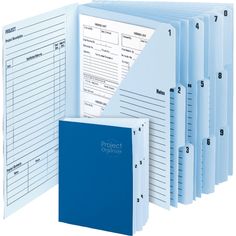 a blue binder with several folders on it and the words project organizer written in white