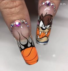 Laker Nails Design, Space Jam Nails, Lola Bunny Nail Art, Looney Tunes Nail Art, Tigger Nail Art, Basketball Nail Designs, Basketball Nails