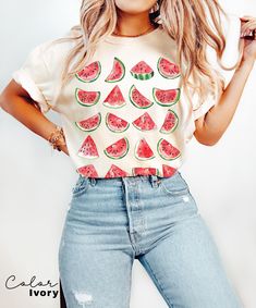 ---ALL COLORS IN VIDEO--- Enjoy summer in this cute watermelon Shirt, a stylish blend of nostalgic charm and vibrant design. Featuring a delightful watermelon pattern, this summer shirt captures the essence of cottagecore, perfect for beach outings and sunlit strolls. Crafted with an eye for detail, our watermelon shirt ensures you stay on-trend with its unique summer appeal. It's more than just a shirt; it's a seasonal favorite. Comfort Colors Tee *SIZING* - Please refer to size chart on the li Cute Multicolor T-shirt For Vacation, Red Strawberry Print Top For Summer, Cute Multicolor Summer Shirt, Pink Fruit Print Tops For Summer, Pink Strawberry Print Summer Shirt, Pink Strawberry Print Shirt For Summer, Summer Pink Shirt With Strawberry Print, Cute White Tops With Fruit Design, Cute White Fruit Design Tops