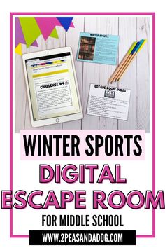 an ipad with the text winter sports's digital escape room for middle school