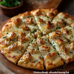 a pizza with cheese and herbs on it