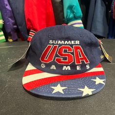 Nwt Vintage Starter 1996 Olympic Summer Games Snapback Hat Flag Brim Blue Atlanta Excellent Condition No Flaws No Rips Tears Or Stains Smoke Free Home Navy Sports Hat For Summer, Casual Blue Trucker Hat For 4th Of July, Patriotic Blue Beach Hat, 90s Style Adjustable Hats For Summer, 90s Style Adjustable Summer Hats, 90s Summer Cap, 90s Style Summer Cap, Patriotic Curved Brim Hat For Sports Events, Blue Curved Brim Hat For 4th Of July