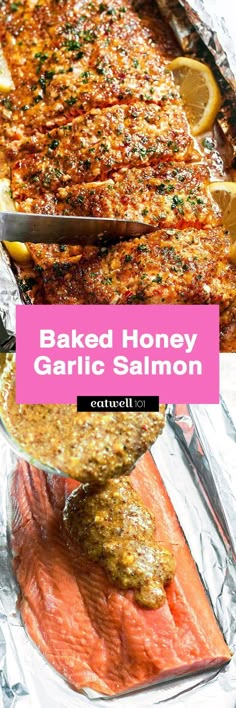 baked honey garlic salmon on foil with lemon wedges