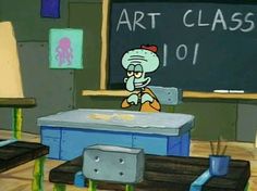 a cartoon character sitting at a desk in front of a chalkboard with the words art class 101 on it