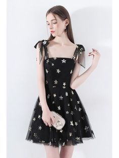 Super Cute Star Black Tulle Short Party Dress With Bow Straps Dress With Bow Straps, Cocktail Dress Short, Backless Formal Dresses, Bow Straps, Space Dress, Black Sundress, Crop Top Skirt Set, Cute Star, Star Black