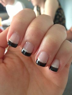 Black tipped French gel manicure French Manicure Gel Nails, French Tip Black Tip Short Nails, French Manicure Gel Nails, Jazzy Nails, Dance Nails, French Tip Gel Nails, French Tip Nail Art, Gel Nails French, Gel French Manicure