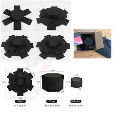 the instructions for making an origami flower out of black paper and cardboard boxes