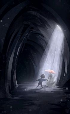 a person holding an umbrella standing in the middle of a tunnel with light coming from it