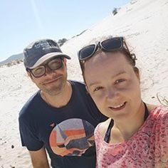 two people standing in the sand with sunglasses on and one person taking a selfie