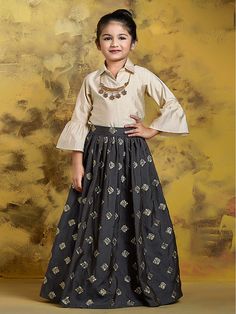 Black hue party raw silk indo western lehenga choli - G3-GCS0318 | G3fashion.com Indo Western Lehenga, Girls Western Dresses, Western Lehenga, Kids Lehenga Choli, Western Girl Outfits, Kids Party Wear Dresses, Girl Western