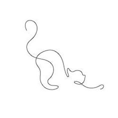 a line drawing of a cat with its tail curled up and eyes closed, looking down at the ground