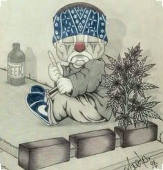 a drawing of a clown sitting next to a potted plant and holding a stick