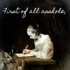 a woman sitting at a table writing on a piece of paper with the words first of all aschele