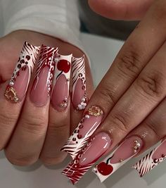 Cherry Nails Acrylic, Cherry Nail, Airbrush Nails, Cherry Nails, Drip Nails, Girly Acrylic Nails, Cute Acrylic Nail Designs, Dope Nail Designs, Pearl Nails