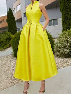 Elegant Stand Collar Sleeveless Regular Fit Plain Maxi Dress With Belt Evening Midi Dress, Plain Maxi Dress, Yellow Midi Dress, Dress Stand, Plain Dress, V Neck Midi Dress, Elegant Dresses Long, Summer Party Dress, Dresses Women