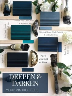 different shades of blue and white with text that reads deepen & darken your virto blues