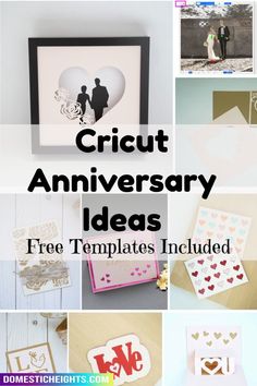 the words cricut anniversary ideas are shown in many different styles and colors, including hearts