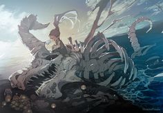 an anime character sitting on top of a giant creature in the ocean with his head above water