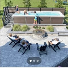 people sitting in lawn chairs around an above ground pool with hot tub and fire pit