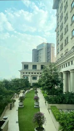 an empty garden in the middle of a large building with tall buildings in the background