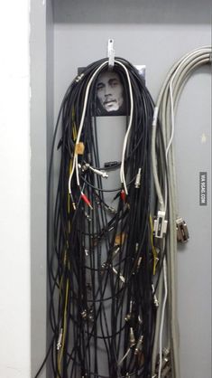 a bunch of wires that are in a cabinet