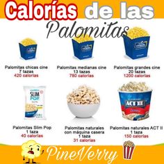 an advertisement for the calories de las palontaas product, including popcorn and other snacks