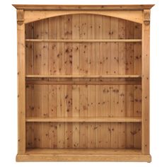 a wooden bookcase with three shelves on each side