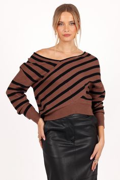 DETAILS   This season, stay warm and stylish with this adorable knit sweater. Featuring a high round neckline and long sleeves with ribbed cuffs, it is perfect for keeping out the winter chill.    v neckline  long sleeves with ribbed cuff  ribbed hem  stripe print design  knitted material  unlined    material - 50% viscose / 22% nylon / 28% PBT    SIZING     model is 5' 8" and wears a Size XS    model stats: bust - 30.5", waist - 24", hips - 36.5"          GARMENT CARE    cold hand wash separate Satin Dresses Long Sleeve, Black Tie Wedding Guests, White Dress Shoes, Bachelorette Party Outfit, Essential Dress, Resort Dresses, Crop Top Sweatshirt, Crop Top Tees, Floral Dresses Long