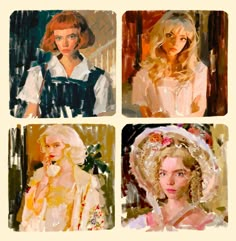 four paintings of women in dresses and hats, each with different hairstyles on them