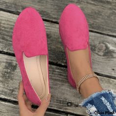 Olivia Mark - Casual Loafers with Rounded Toe and Low Heel in Suede Texture Casual Pink Closed Toe Loafers, Pink Flats For Work, Pink Flats With Flat Heel For Work, Pink Round Toe Flats For Work, Pink Flat Heel Flats For Work, Pink Closed Toe Flats For Work, Pink Slip-on Flats For Work, Casual Pink Almond Toe Loafers, Pink Slip-on Flats