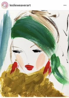 a painting of a woman with green hair and red lips, wearing a gold scarf