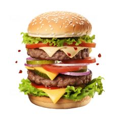 a hamburger with cheese, lettuce and tomatoes