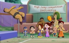 cartoon characters are standing in front of a basketball court with the words high jump competition on it