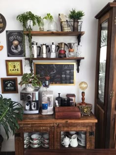 a coffee shop with plants and other items on the wall above it, along with shelves