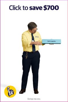 a man in a yellow shirt and blue tie is holding a sign that says, click to save $ 700