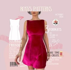 a woman in a red dress is featured on the cover of sewing magazine, rose patterns