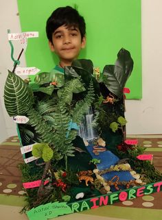 a young boy is standing in front of a fake plant house made out of cardboard