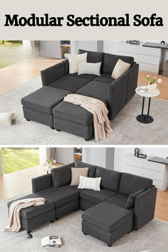 Dark grey U-shaped modular sectional sofa with chaise, high supportive sponges, and storage, perfect for living room comfort and style. Sofa Convertible, Sectional Sofa With Storage, Couch With Ottoman, Sectional Sofa With Chaise, Shaped Sofa