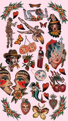 an assortment of tattoos on a pink background