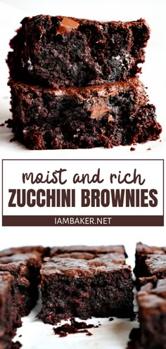 two chocolate brownies stacked on top of each other with the words, moist and rich zucchini brownies