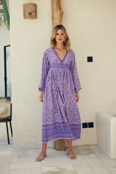 Jade Printed Maxi dress is perfect for beach-to-bar occasions. Some of our favorite touches, sophisticated and graceful design, make this dress an instant Blue Boheme classic.Color: Lavender Sizes: Small/Medium, Fits Size 2 to 6 and Medium/Large, Fits Size 6 to 10 100% Indian Cotton With a Lining Made in India Model Height: 5'7Bust: 32BWaist: 24Hips: 32 Chic Purple Maxi Dress, Feminine Boho Maxi Dress For Vacation, Feminine Floor-length Beach Maxi Dress, Spring Purple Long Maxi Dress, Feminine Boho Maxi Dress For Beach, Purple Long Maxi Dress For Spring, Flowy Purple Maxi Dress, Lavender Long Sleeve Maxi Dress For Summer, Lavender V-neck Maxi Dress For Spring