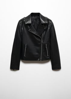 Faux-leather biker jacket - Women | MANGO USA Cheap Trendy Biker Jacket For Work, Cheap Collared Leather Jacket For Spring, Cheap Biker Jacket With Zipper For Fall, Cheap Women's Biker Jacket For Work, Cheap Faux Leather Biker Jacket For Fall, Cheap Trendy Spring Biker Jacket, Affordable Collared Leather Jacket For Spring, Cheap Biker Jacket For Night Out, Cheap Chic Button-up Leather Jacket