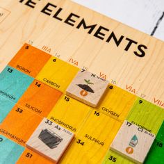 a wooden game board with numbers and symbols on it, including the elements for each element