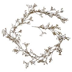 an arrangement of branches and flowers arranged in the shape of a circle on a white background