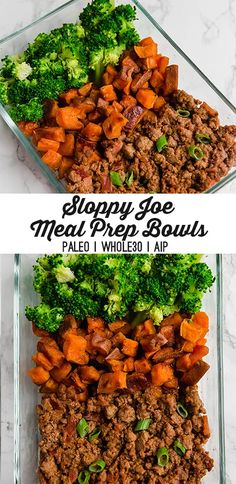 two pictures showing the steps to make sloppy joe meal prep bowls with broccoli and carrots