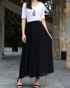 * A beautiful long chiffon skirt, two layers, not sheer at all.* Quality pearl chiffon fabric, soft, breathing and easy care.* A-line shape and elastic waist, it moves very beautifully when you walk.* Support 7 days return to get full refund on item without any reason.* Can custom size and colors, lead time is 6-8 days;* Let us know your usual size in your country and your overall height.* If you have some specific request or special characters such as broad shoulder, long arms, long waist, etc Elegant Summer Maxi Skirt With Elastic Waistband, Elegant Summer Tulle Maxi Skirt, Relaxed Full Tulle Maxi Skirt, Summer Chiffon Maxi Skirt With Gathered Details, Chic Long Chiffon Pleated Skirt, Chic Chiffon Gathered Skirt, Full Chiffon Tulle Skirt, Tiered Chiffon Skirt With Tulle Detail, Elegant Flared Maxi Skirt With Elastic Waistband